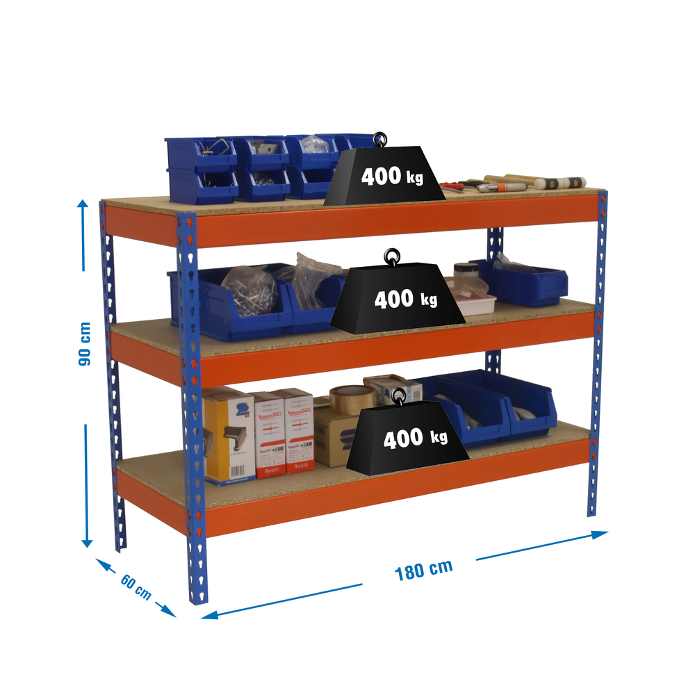 Kit établi Basic - 900x1800x600 - 3 niveaux Bleu/Orange/Bois - SIMON RACK - 8435104983744