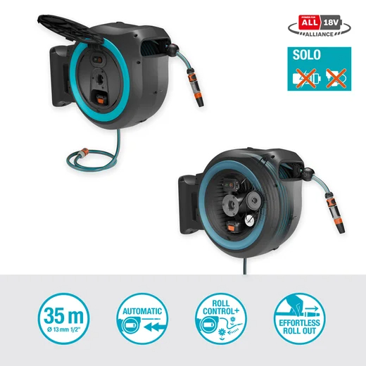 Dévidoir automatique mural sur batterie PowerRoll XXL 40/18V P4A tuyau de 40 m bleu turquoise - GARDENA - 18645-55
