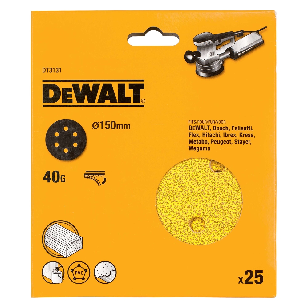 Disque abrasif velcro ponceuses excentriques grain 40 - 6 perforations ø 150 mm - DT3131-QZ - DEWALT