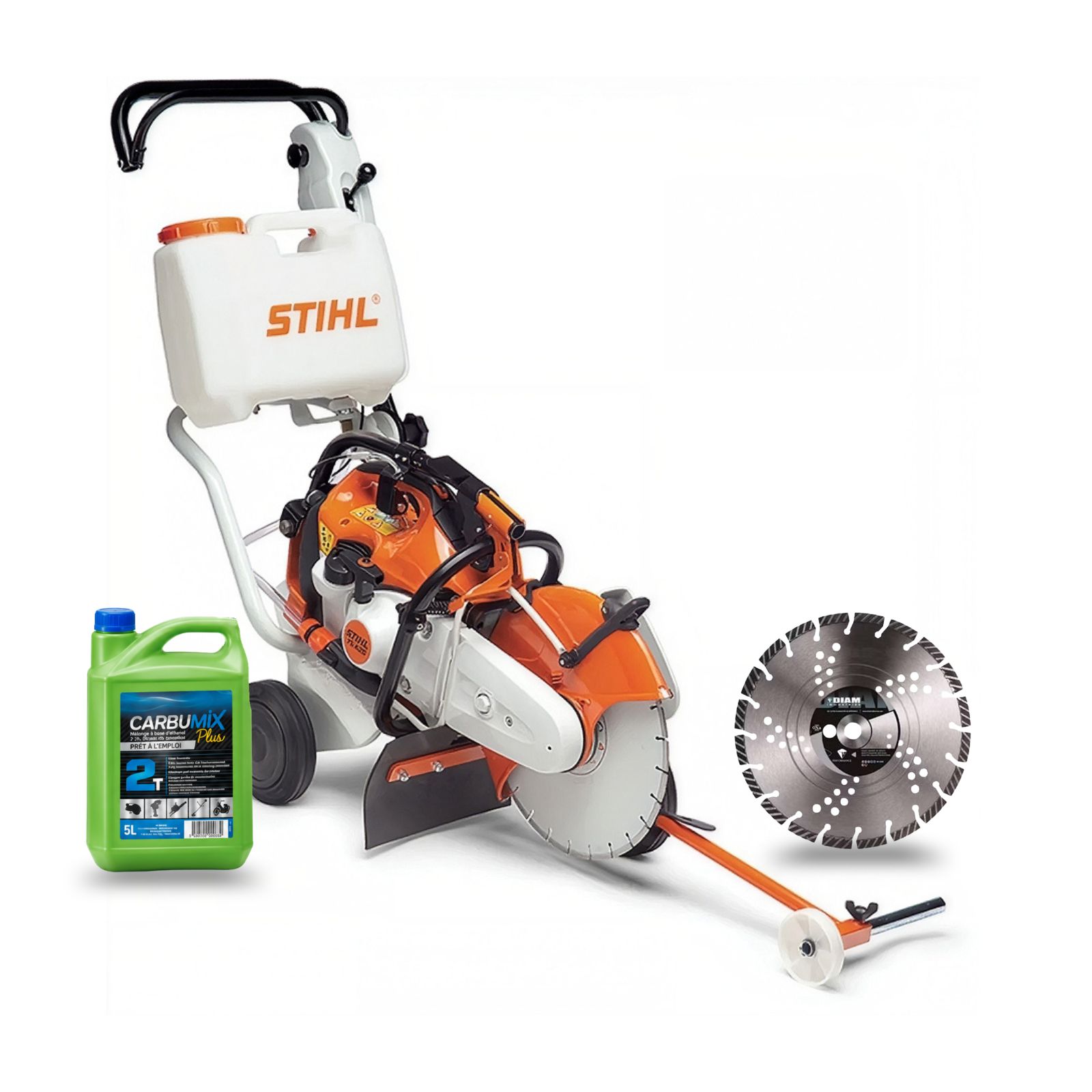 Découpeuse STIHL TS 410 Ø 300 mm avec chariot de guidage, indicateur du sens de coupe et réservoir d’eau 13 L spécial découpe au sol