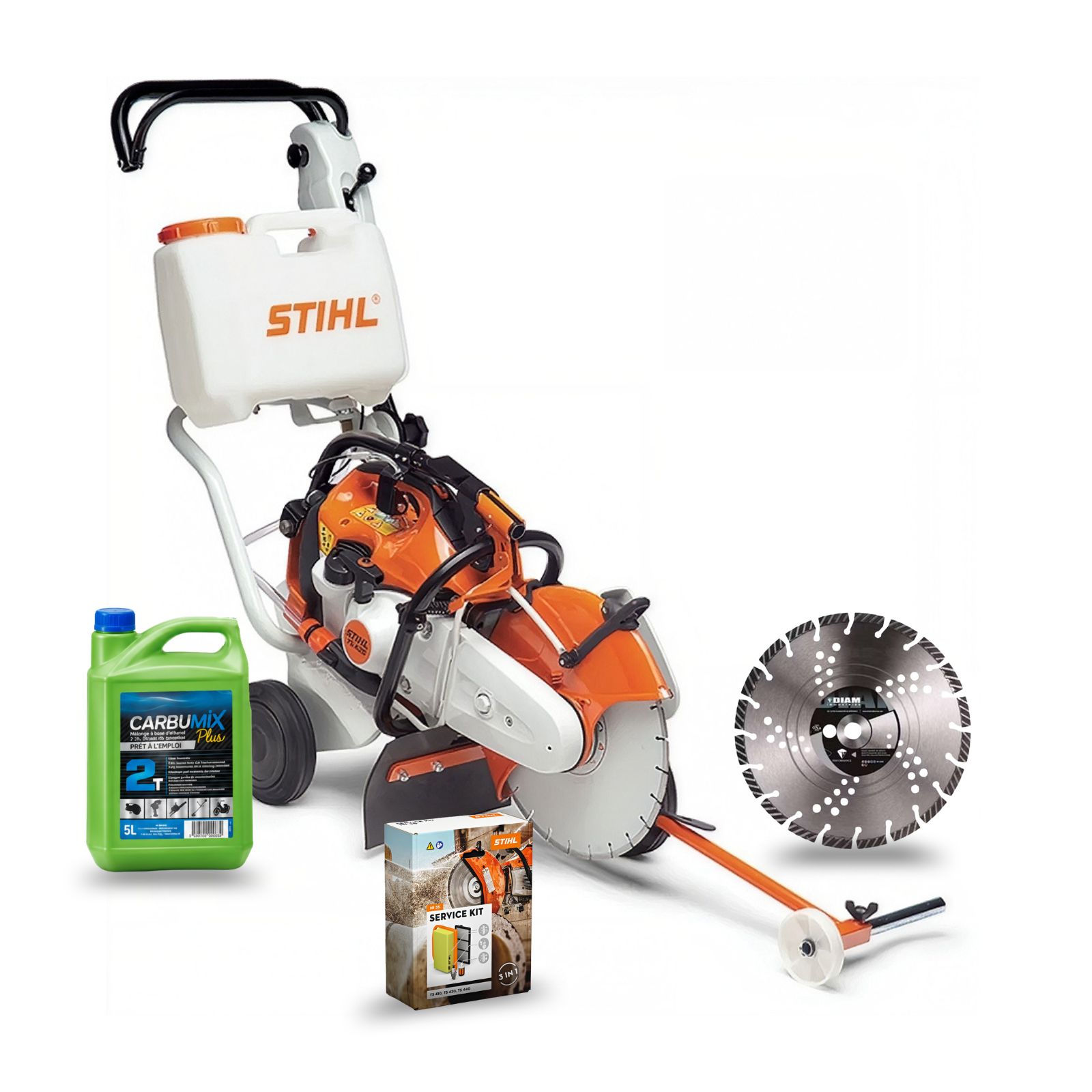 Découpeuse STIHL TS 410 Ø 300 mm avec chariot de guidage, indicateur du sens de coupe et réservoir d’eau 13 L spécial découpe au sol