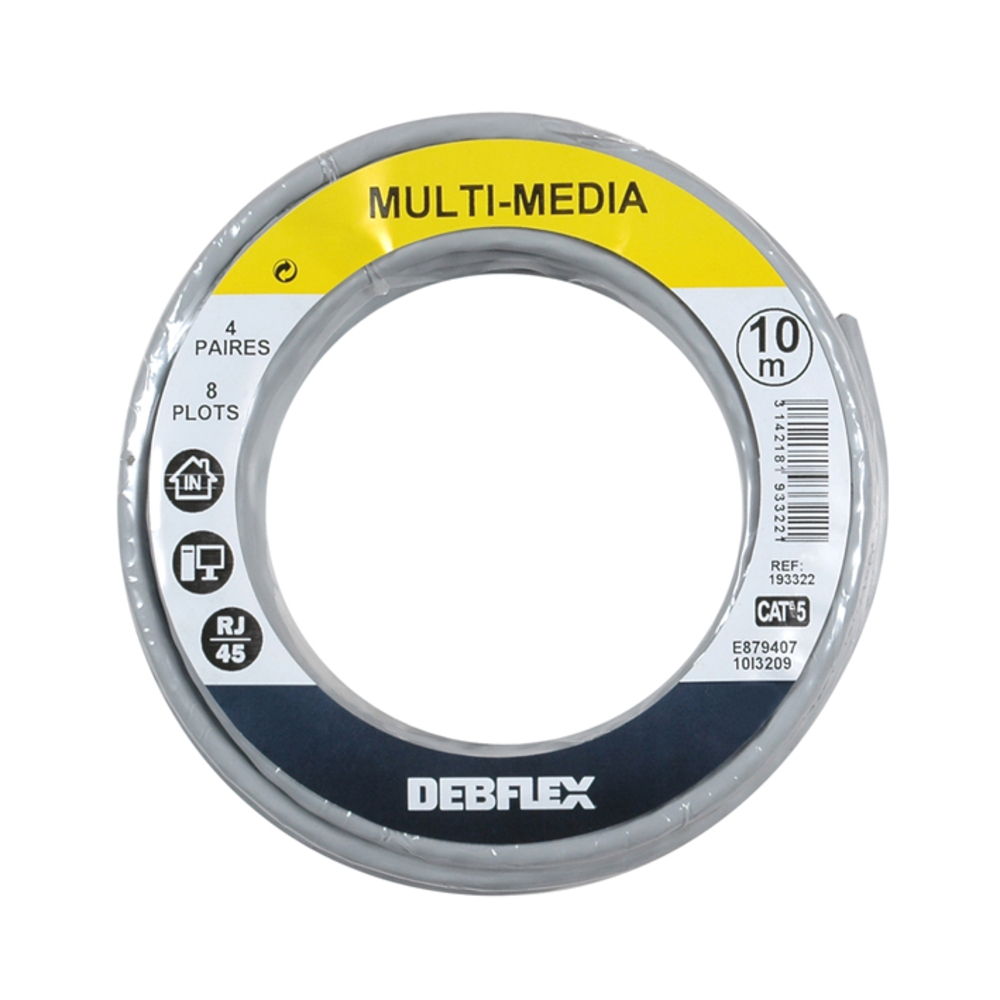 BOBINOT RJ45 U/UTP CATEGORIE 5E 4 PAIRES 10M GRIS - DEBFLEX - 193322