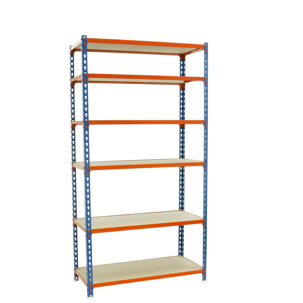 Rayonnage bois-métal léger sans vis 2500x1200x500 - 6 niveaux Bleu/Orange/Bois - SIMON RACK - 8425437077722