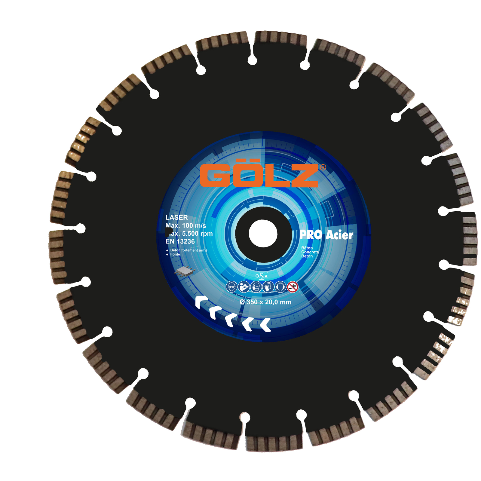 Disque diamant coupe béton armé Ø350 mm alésage 20 mm segments turbo Pro Acier GOLZ - PROACIER350