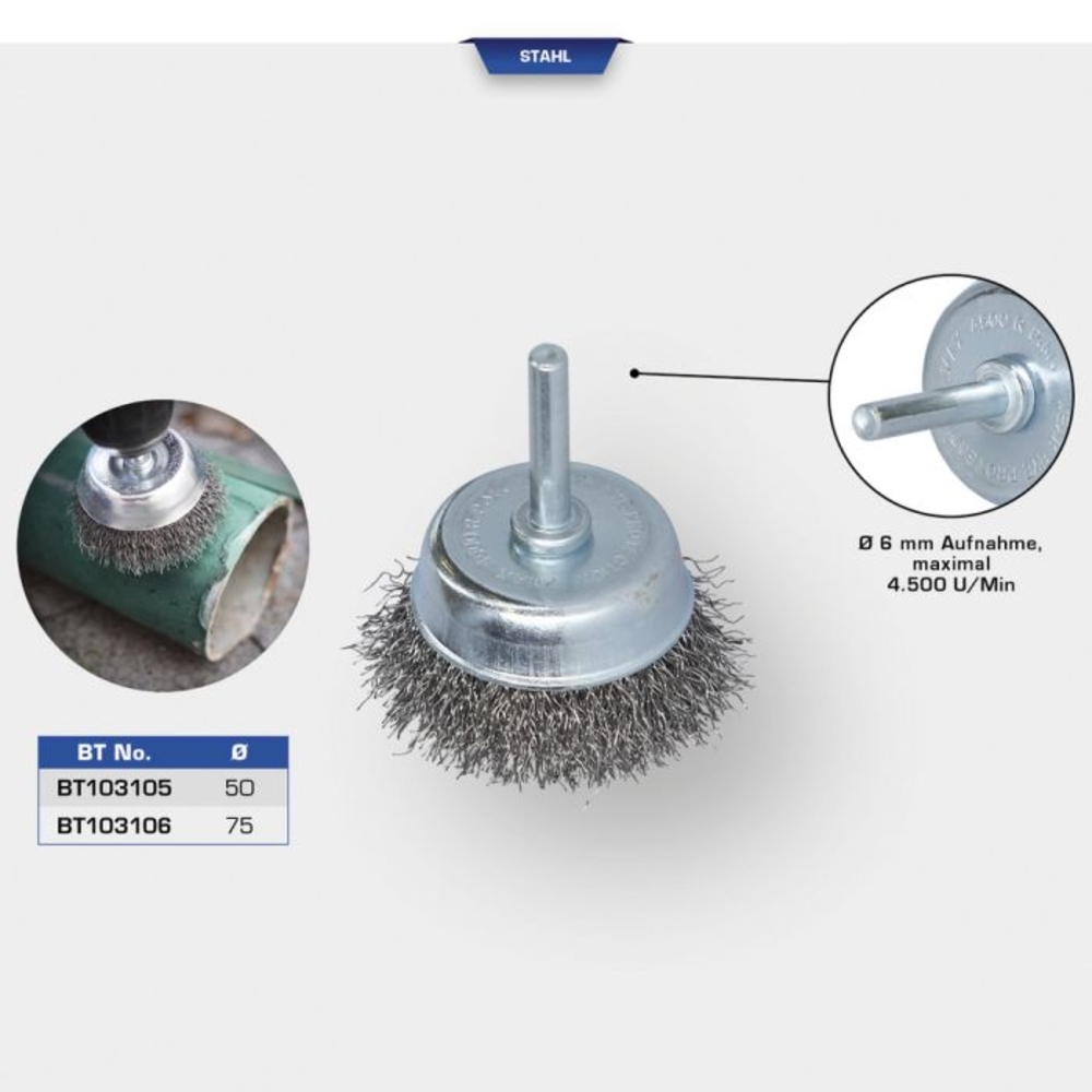 Brosse boisseau D75 mm queue de serrage 6mm BRILLIANT TOOLS - KS TOOLS - BT103106