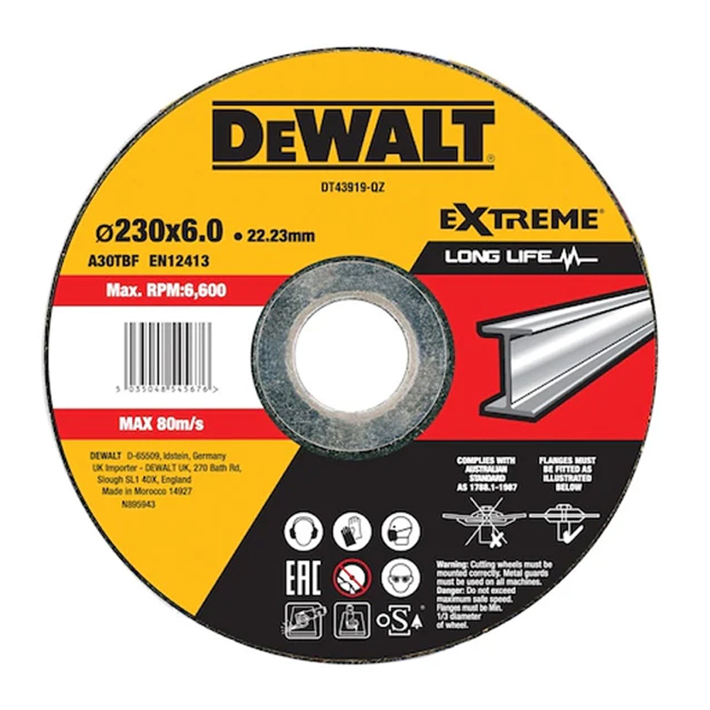 Disque meule métal 230 mm x 22,2 mm épaisseur 6 mm moyeu déporté - DEWALT -  DT43919-QZ