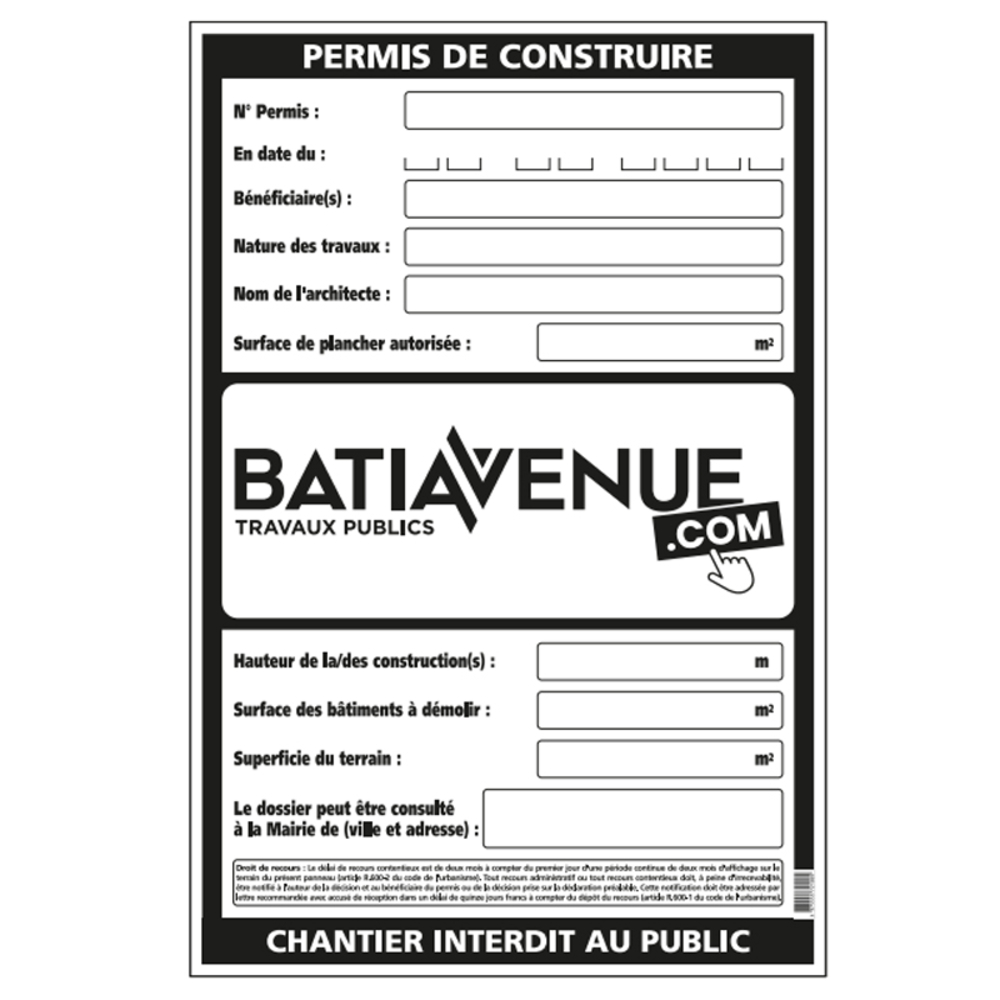 Panneau Permis De Construire Grand Modèle 800x1200 Mm SOFOP TALIAPLAST 570101 - Conforme Législation