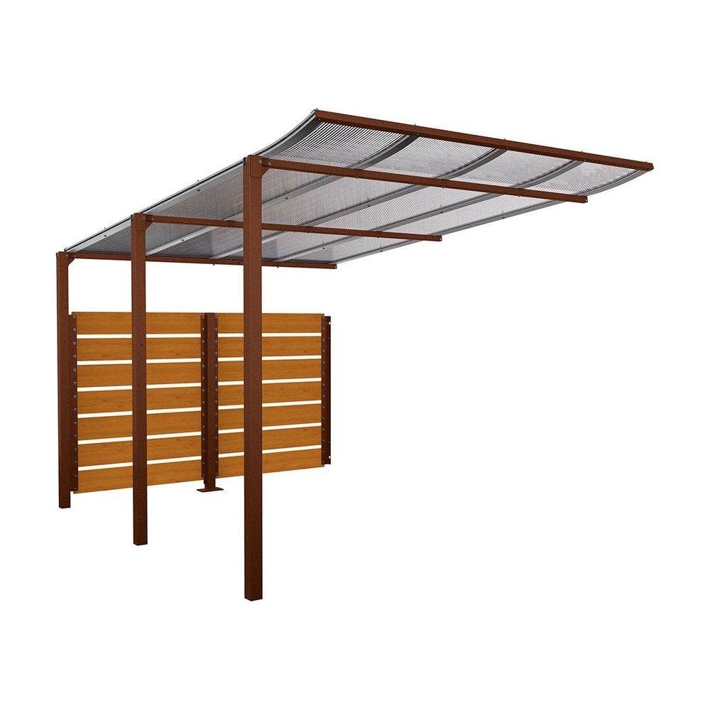 Abri vélos Modulo bardages en stratifié compact Aspect Corten - Stratifié chêne clair - compl + bardage de fond - Scellement direct - Prof 3400mm - PROCITY - 529218.S025.CHEC