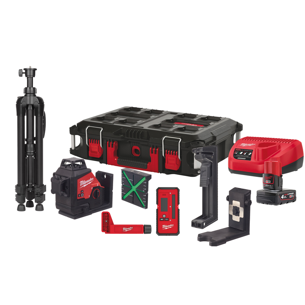 Laser vert 3 lignes vertes 360&deg; Milwaukee M12 3PLKIT-401P 1x4.0Ah + Tr&eacute;pied + Cellule + Coffret Packout - 4933478960