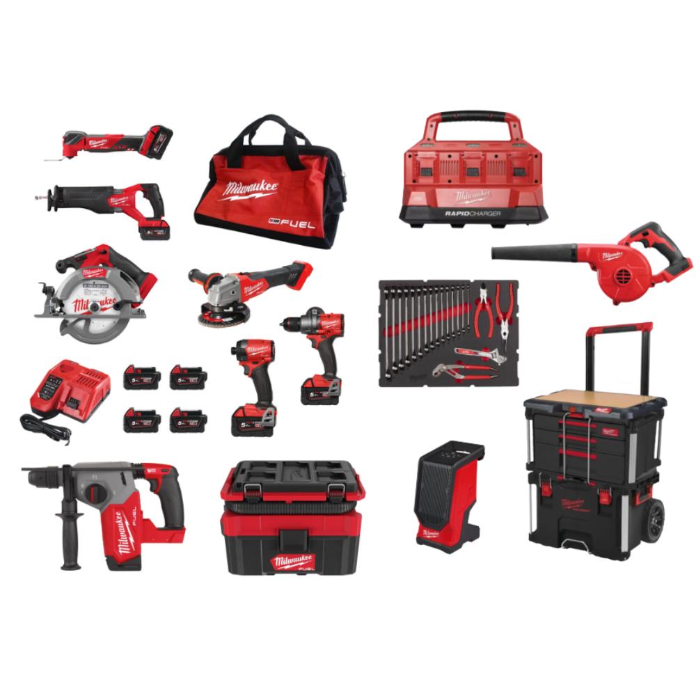 Pack MILWAUKEE 9 machines M18 FUEL packout + outils + enceinte bluetooth + aspirateur