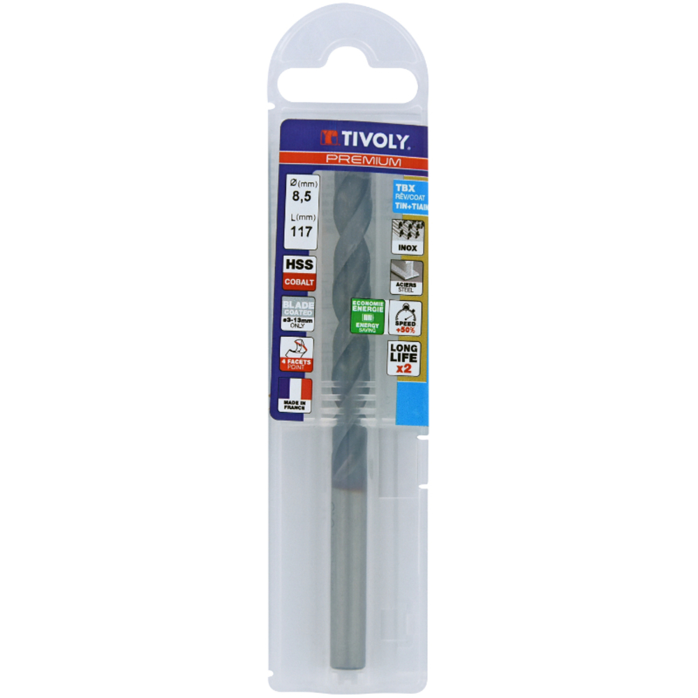 Foret métaux HSS-E5 TBX -Revêtu BLADE -DIN338 -h8 -Affûtage 4 faces Ø: 8.5 L: 117 TIVOLY - 11456140850